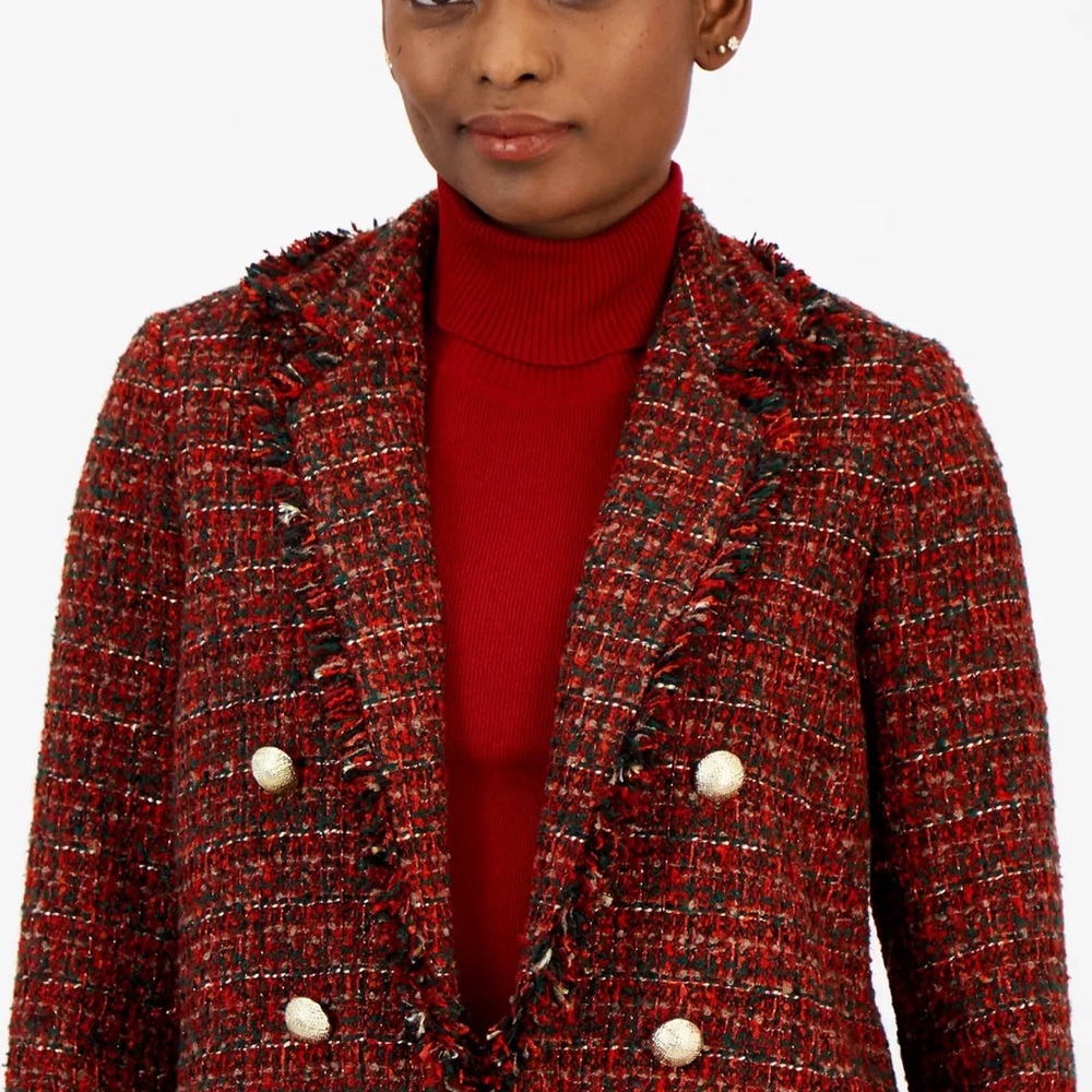 Anne Klein Red Tweed Double-Breasted Blazer with Gold Buttons
